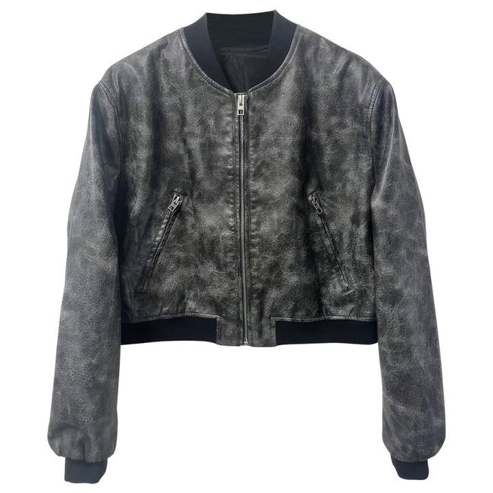 Women's Gray Distressed Bomber Leather Jacket