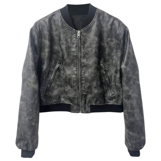 Women's Gray Distressed Bomber Leather Jacket