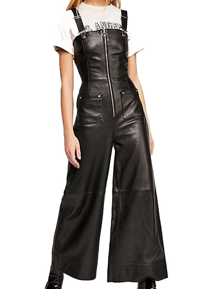 Women's Overall Black Leather Jumpsuit