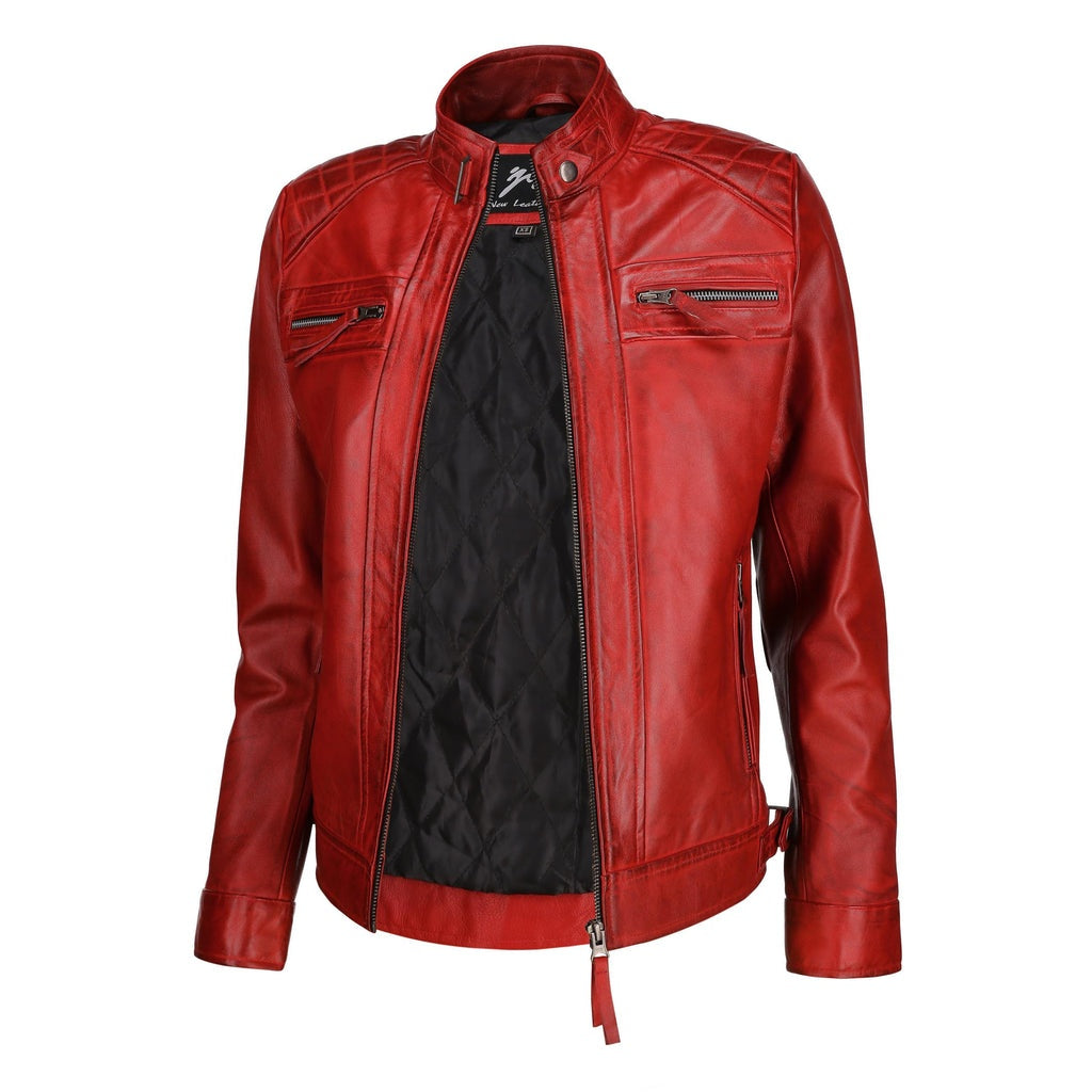 Women's Red Cafe Racer Distressed Leather Jacket With Qulted Shoulder
