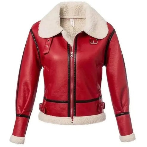 Women's Shearling Fur Red Leather Jacket