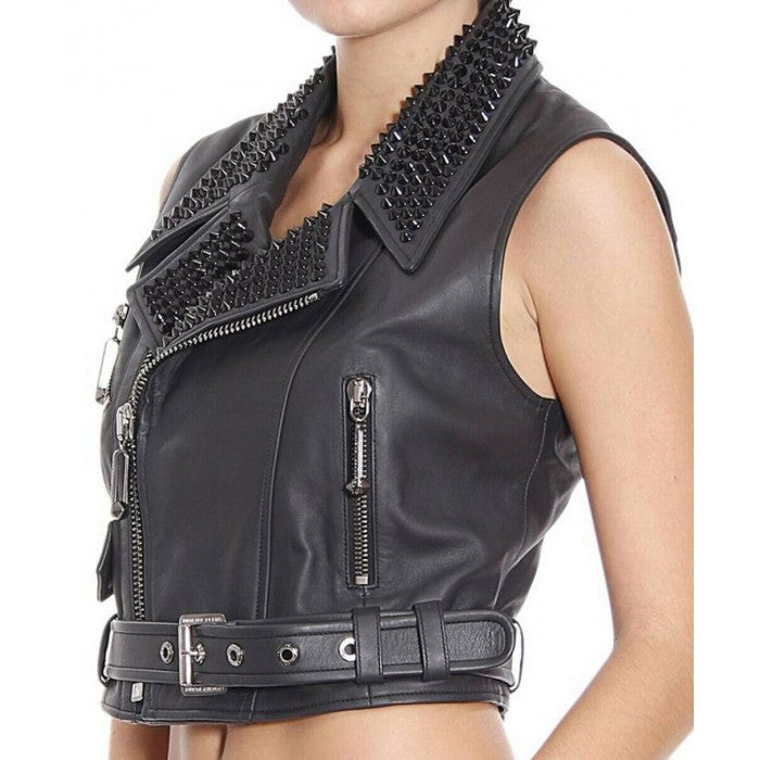 Women's Studded Leather Vest In Black With Belted Waist
