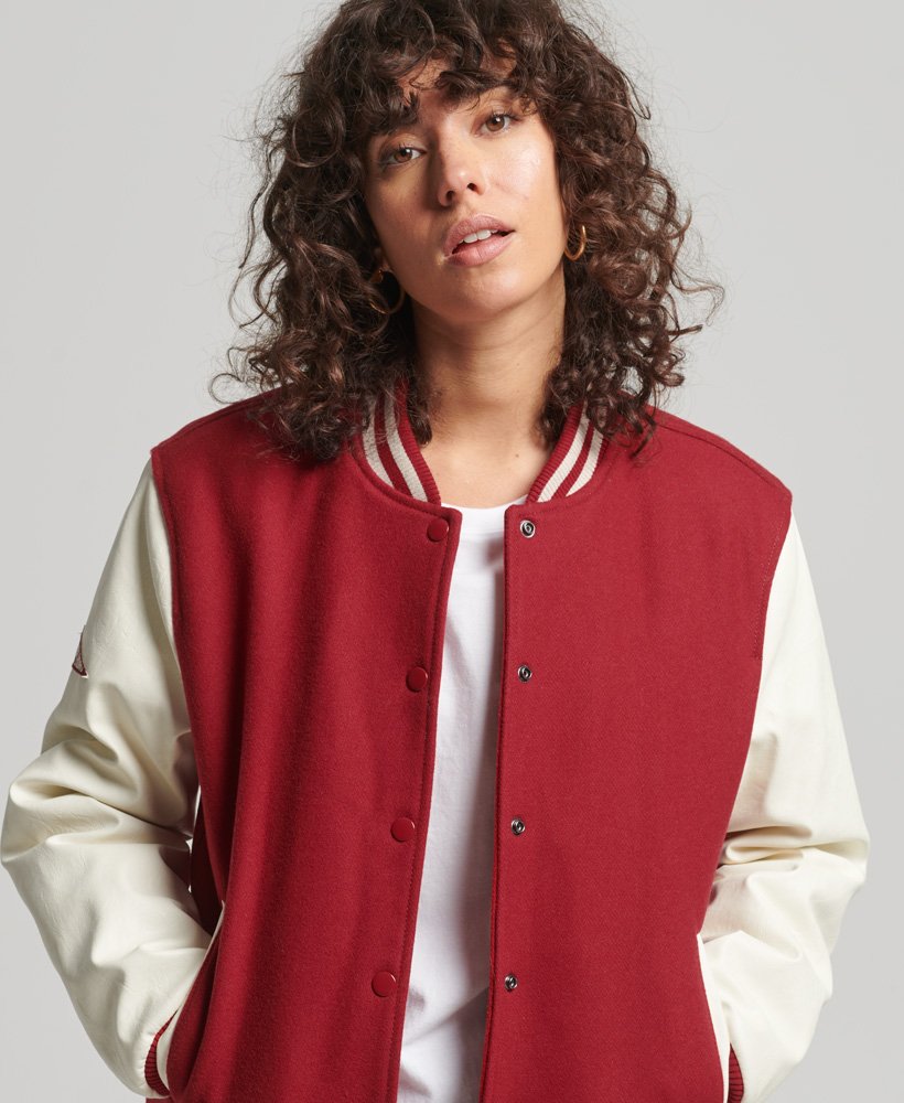 Women's Varsity Bomber Leather Jacket In Red & White Sleeves