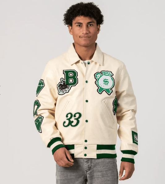 Boston Limited Edition Bomber Varsity Leather Jacket In Off White