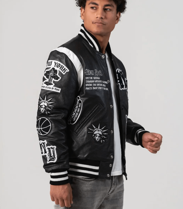Men's Letterman Bomber Leather Jacket In Black