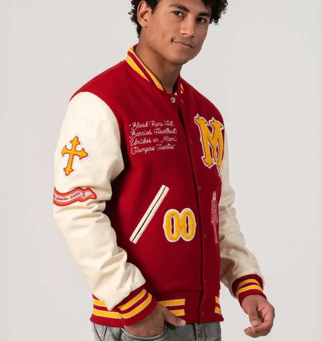 Miami Heritage Varsity Bomber Leather Jacket In Red