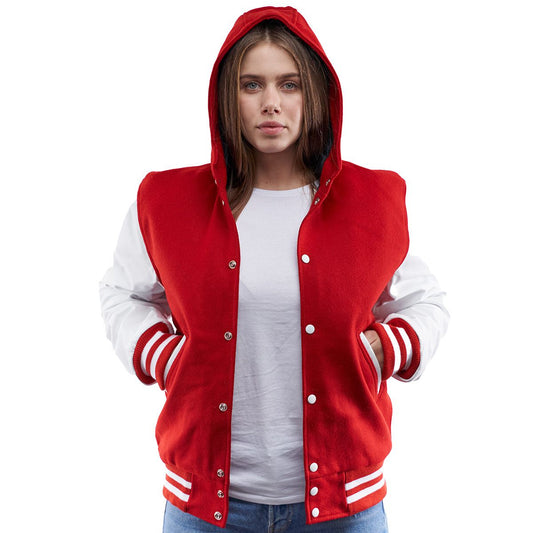 Women's Hooded Varsity Leather Jacket In Red & White SleevesWomen's Hooded Varsity Leather Jacket In Red & White Sleeves