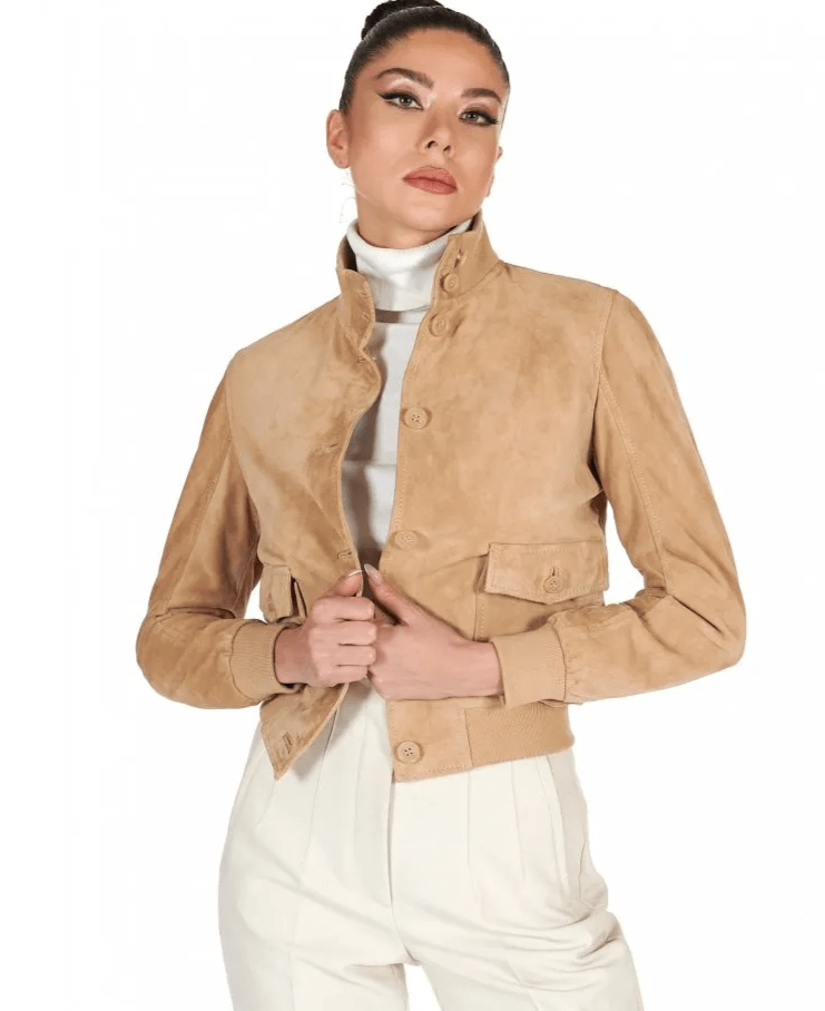 Women's Suede Trucker Leather Bomber Jacket In Tan Brown
