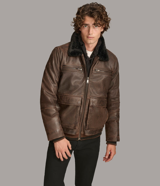 Men' Dark Brown Shearling Harrington Leather Jacket
