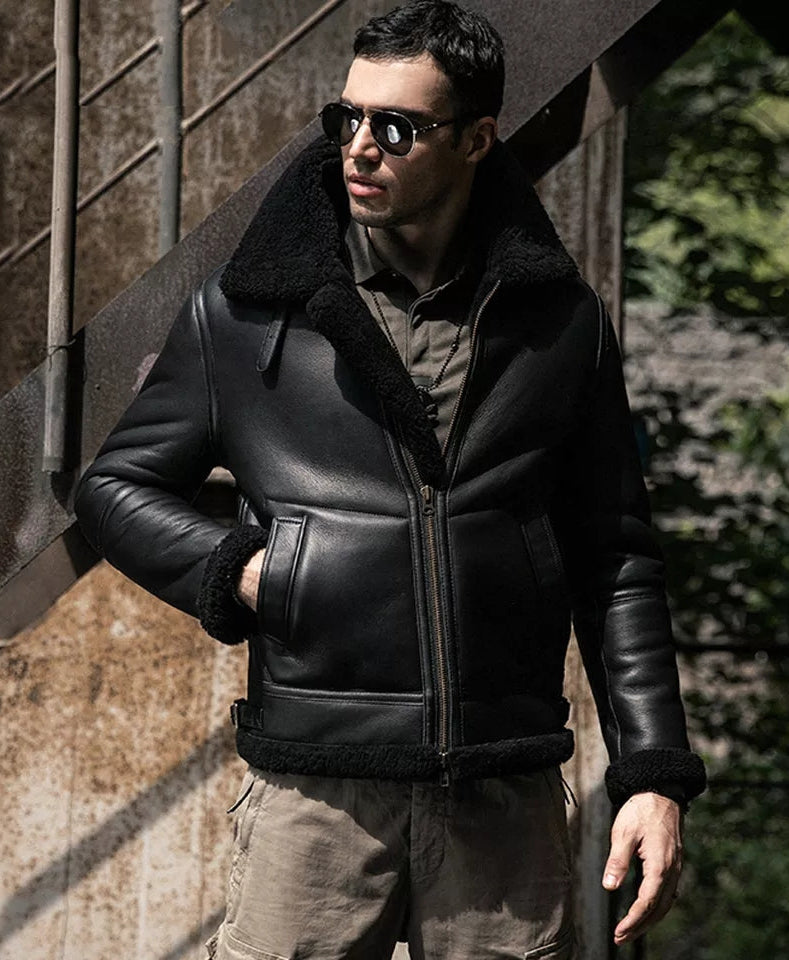 Men's Aviator Fur B3 Black Leather Jacket