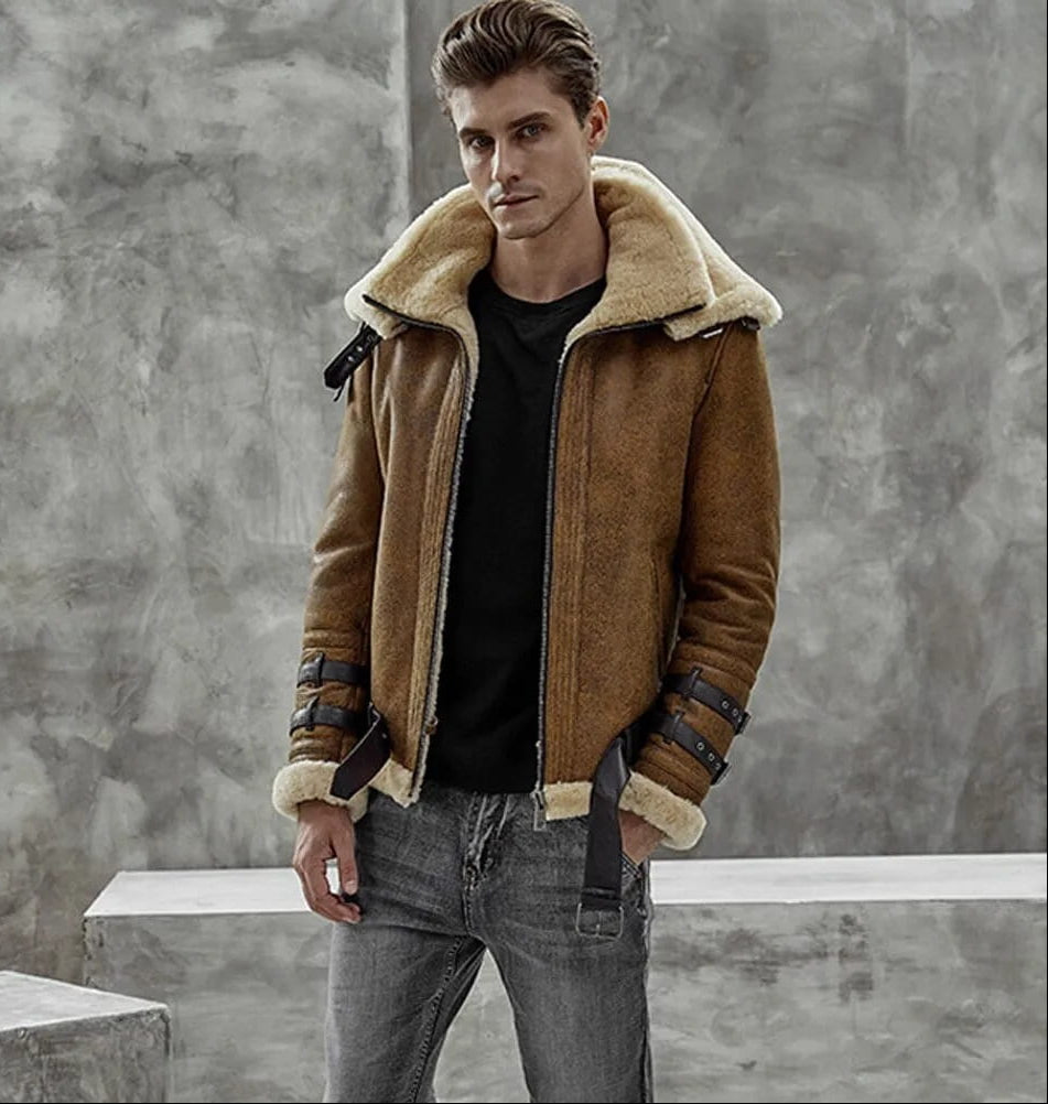 Men's B3 Belted Shearling Leather Jacket In Brown With Oversized Collar - Arcane Fox