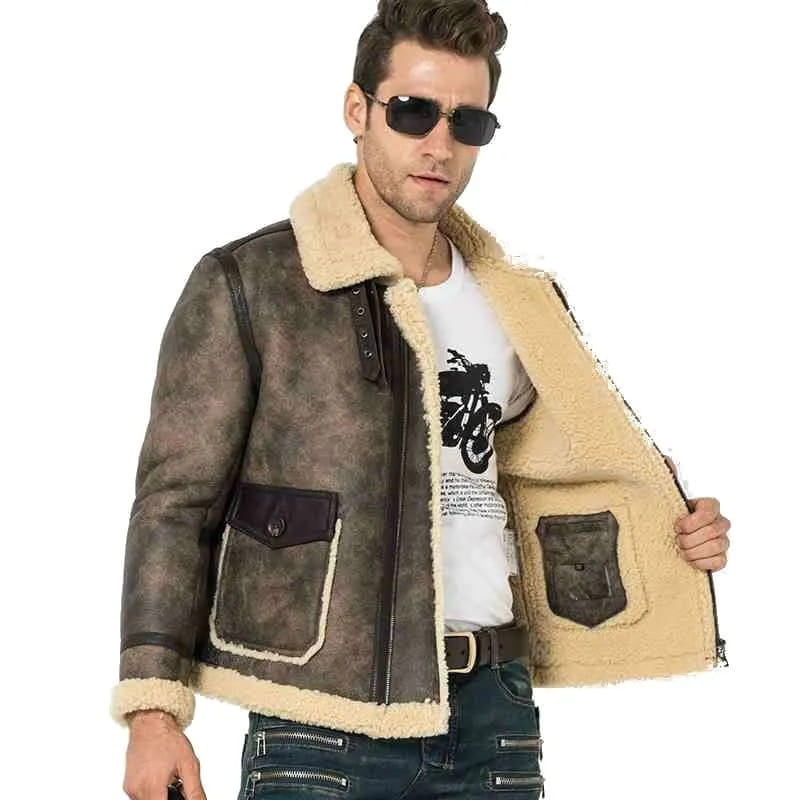 Men's B3 Distressed Sheepskin Leather Jacket In Gray - Arcane Fox