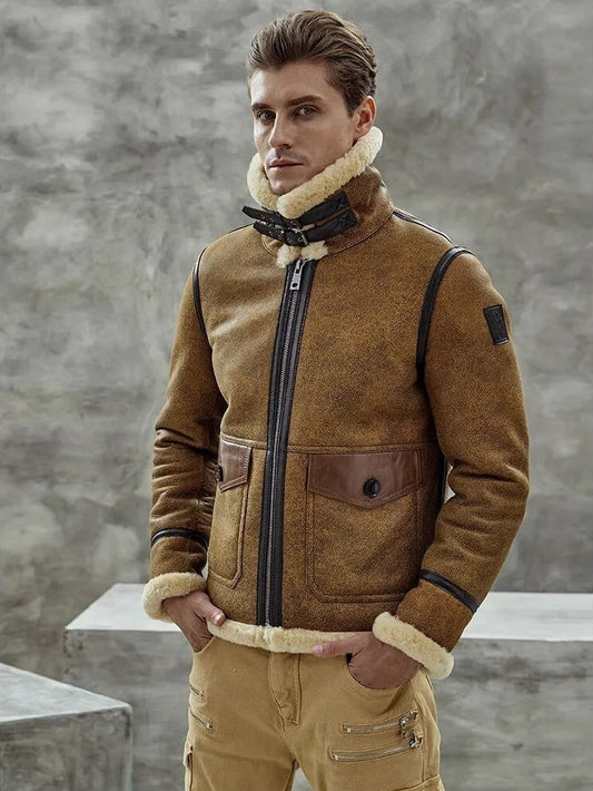 Arcane Fox - Men's B3 Shearling Harrington Leather Jacket In Brown