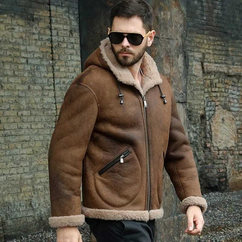 Men's B3 Shearling Hooded Leather Jacket In Dark Brown - Arcane Fox