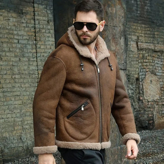 Men's B3 Shearling Hooded Leather Jacket In Dark Brown - Arcane Fox