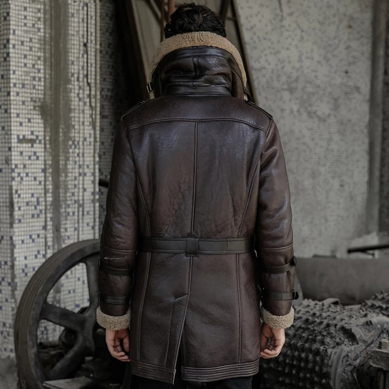 Men's B7 Bomber Sheepskin Leather Coat In Dark Brown