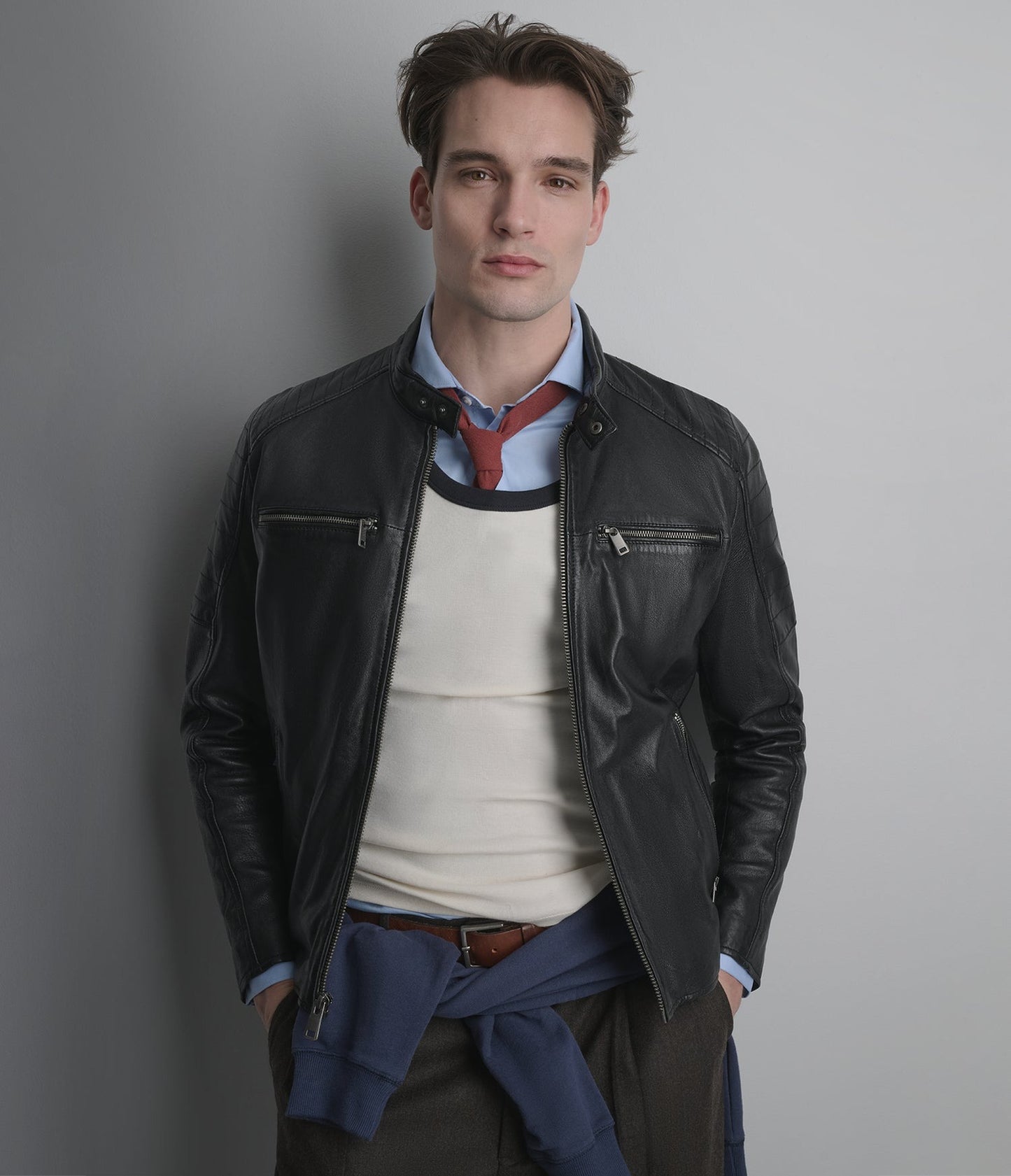 Men's Black Biker Cafe Racer Leather Jacket