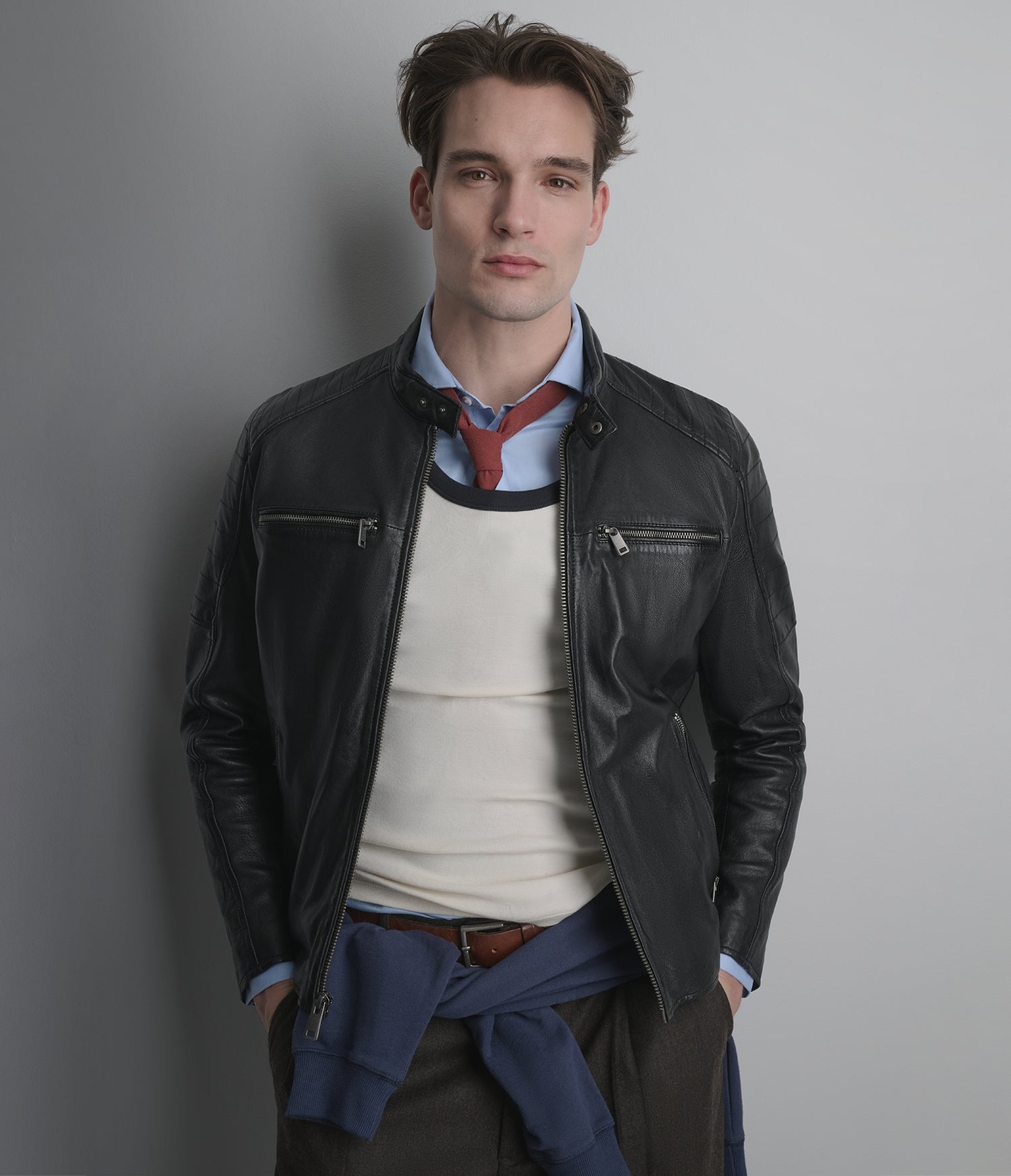 Men's Black Biker Cafe Racer Leather Jacket