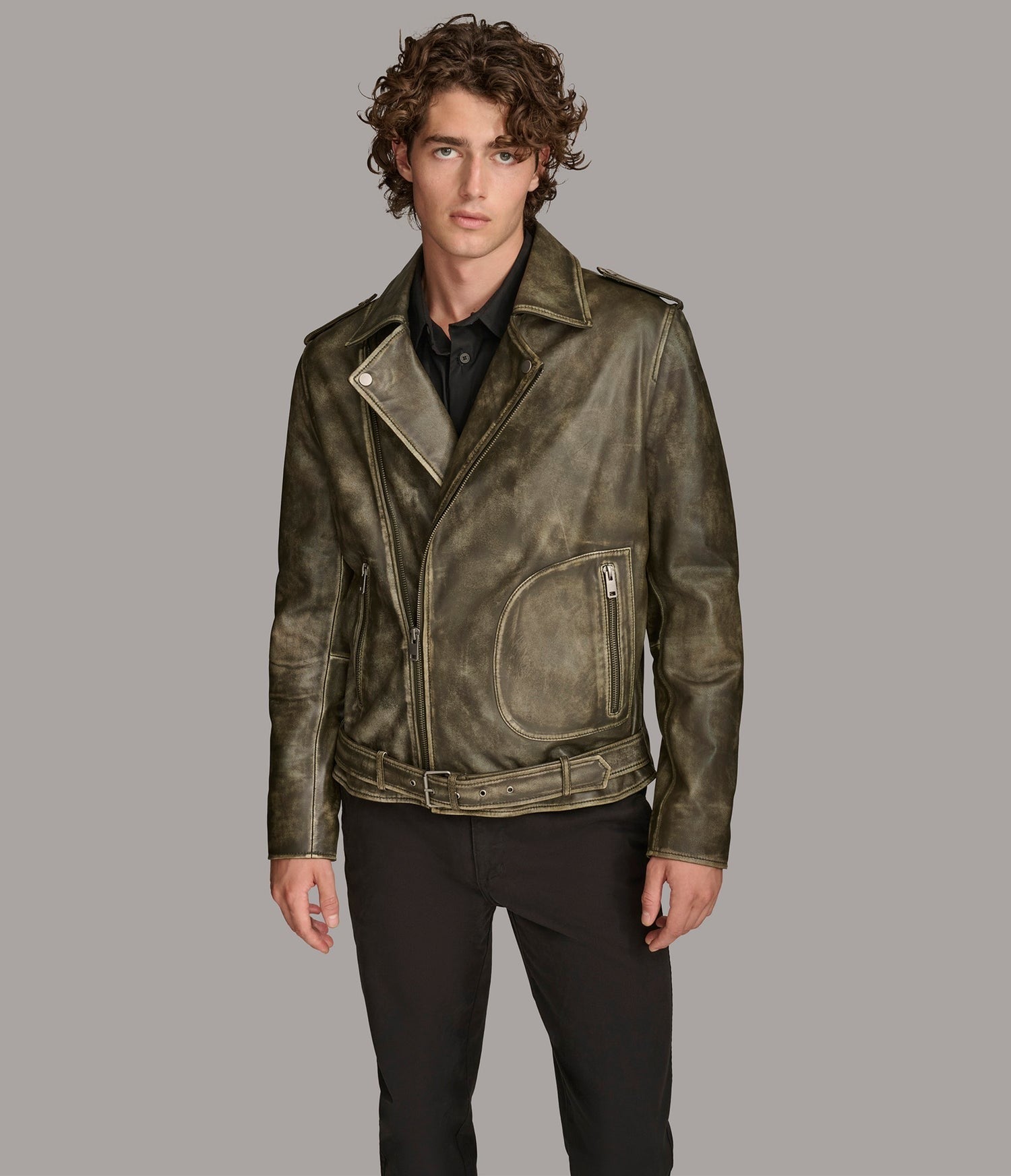 Men's Belted Distressed Biker Leather Jacket