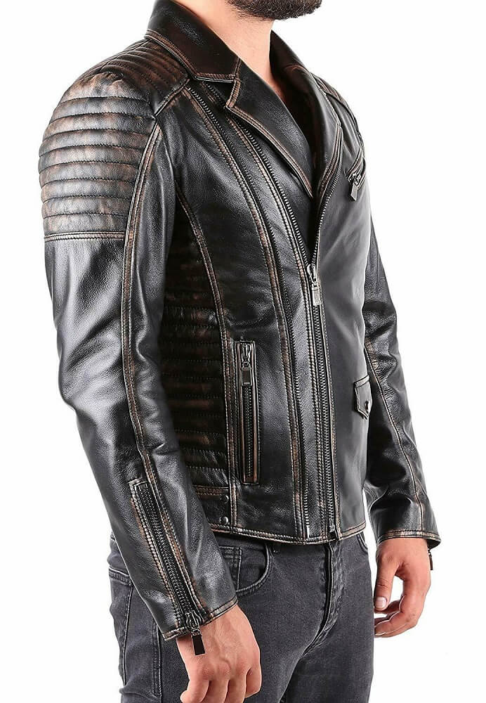 Men's Biker Distressed Leather Jacket In Black