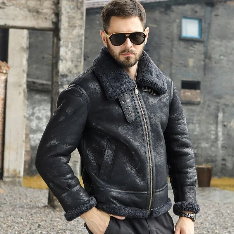 Men's Black B3 Shearling Aviator Leather Jacket - Arcane Fox