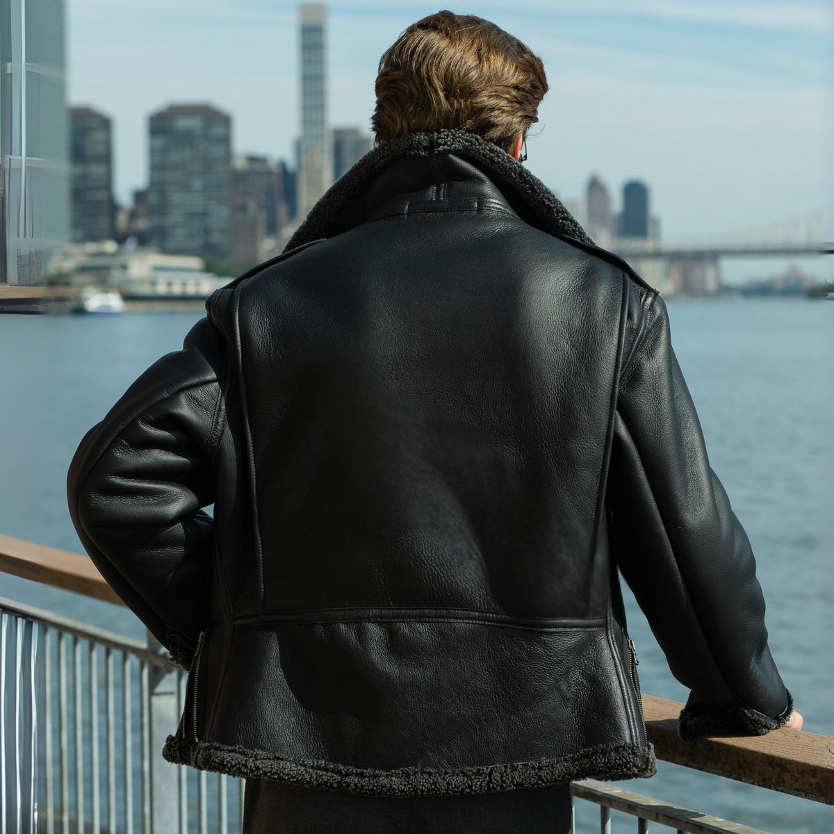 Men's Black B7 Shearling Fur Leather Jacket
