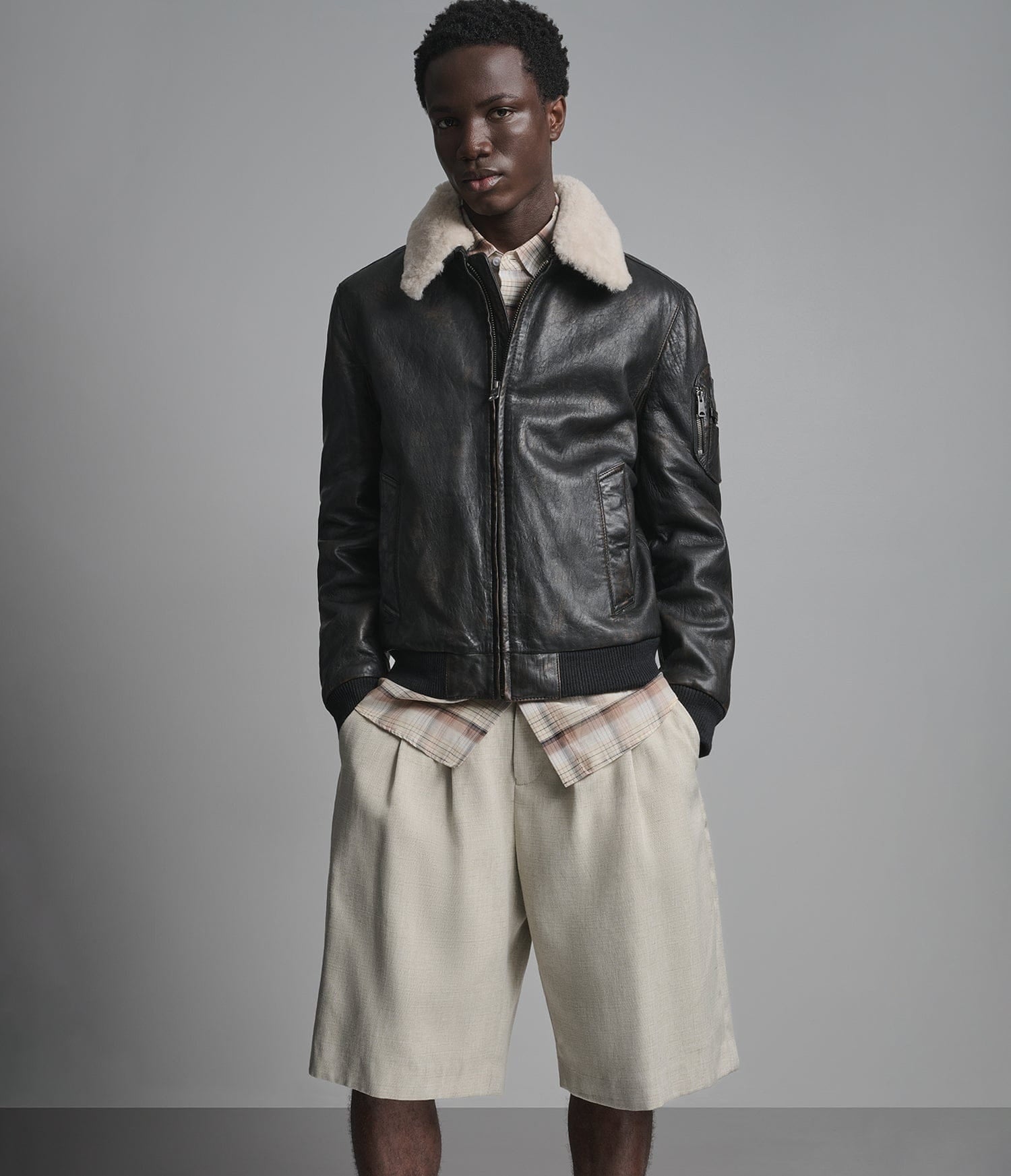 Men's Black Bomber Shearling Leather Jacket - Arcane Fox
