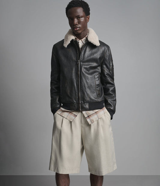 Men's Black Bomber Shearling Leather Jacket - Arcane Fox