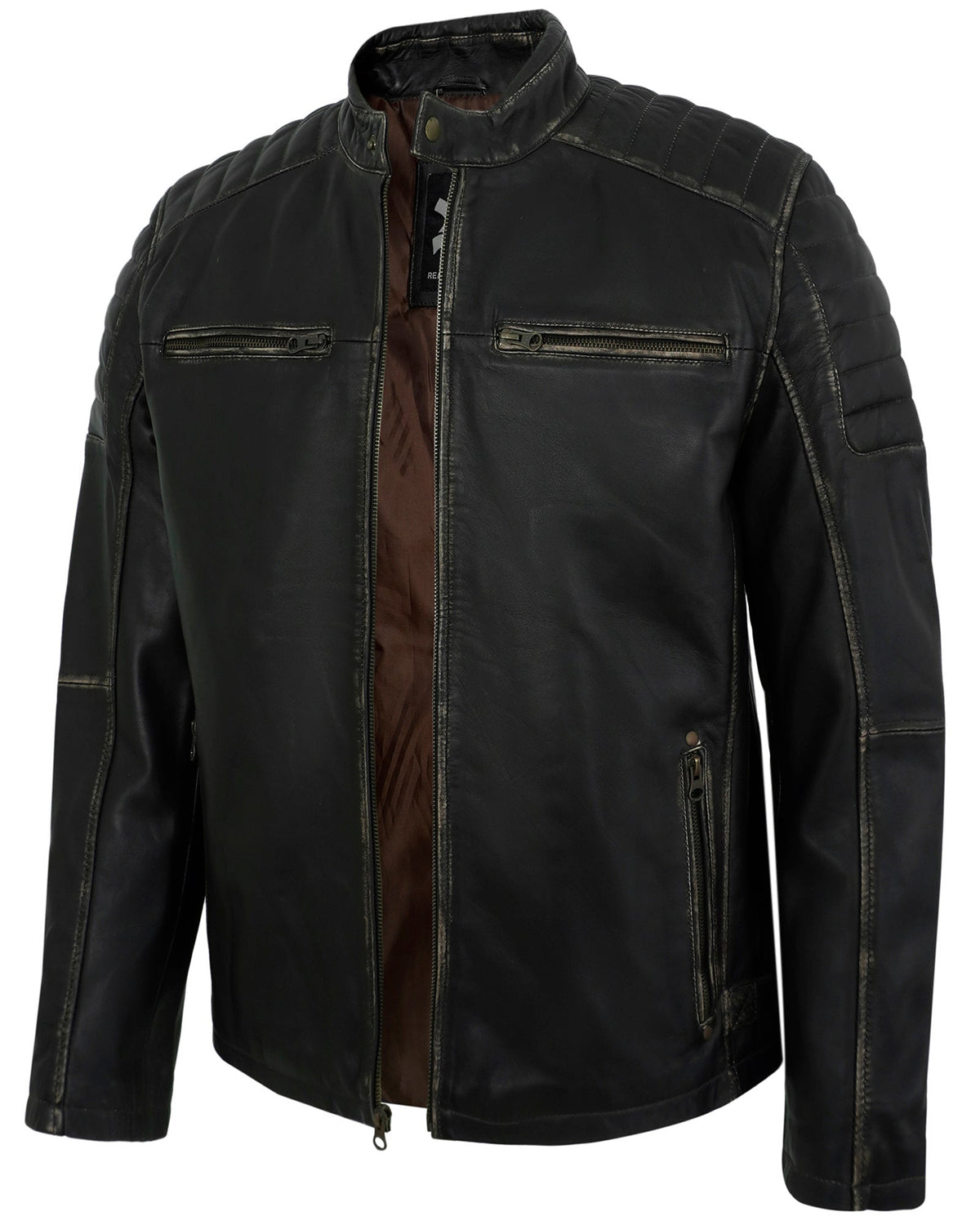 Men's Black Distressed Cafe Racer Leather Jacket
