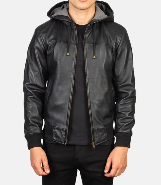 Men's Black Hooded Bomber Leather Jacket