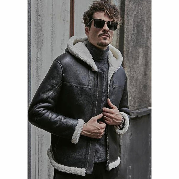Men's Black Hooded Fur Leather jacket Double Sided