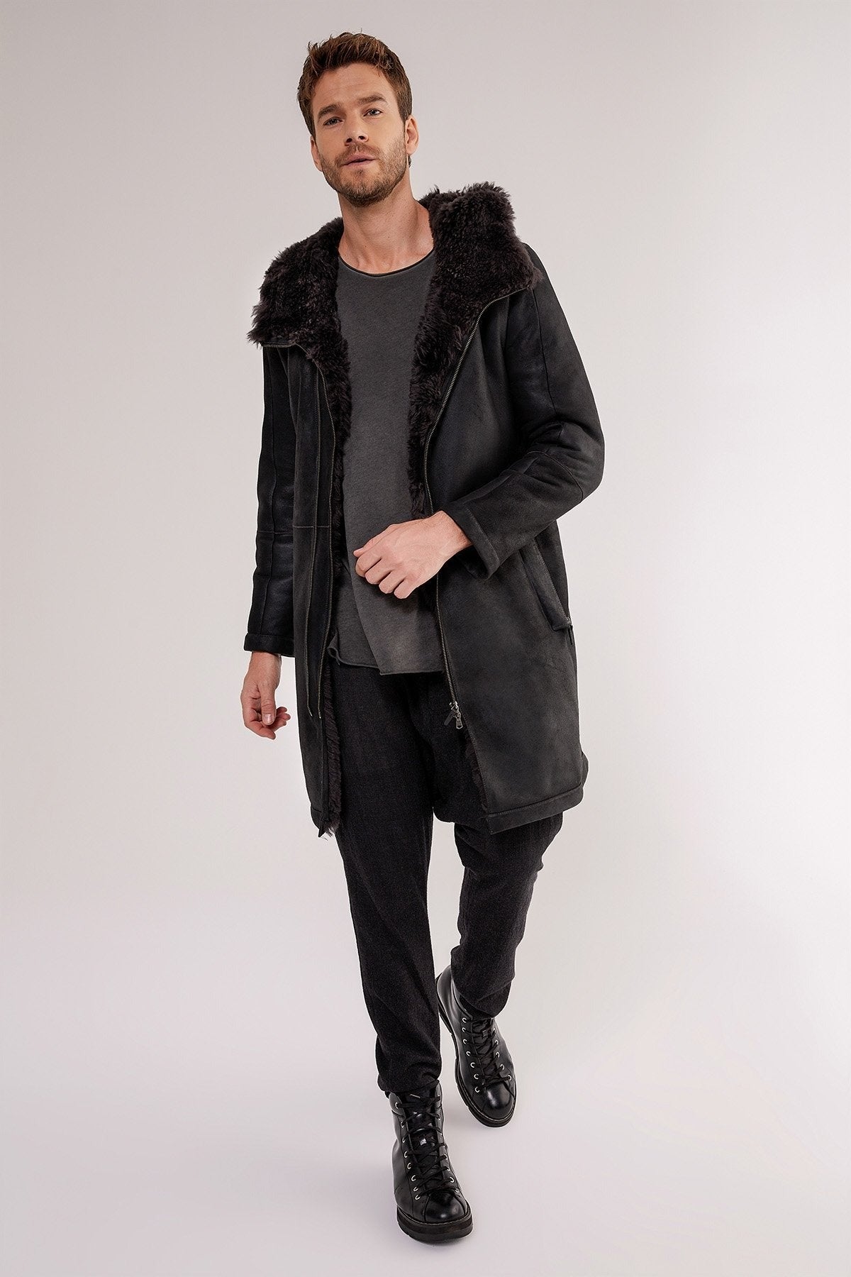 Men's Black Hooded Shearling Leather Coat