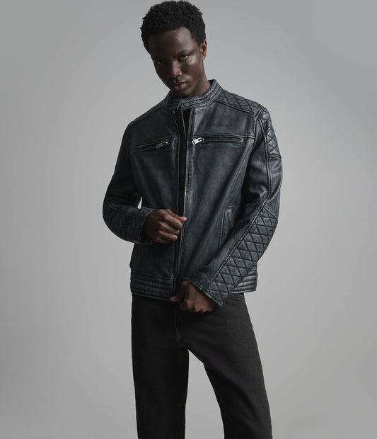 Men's Black Leather Cafe Racer Jacket