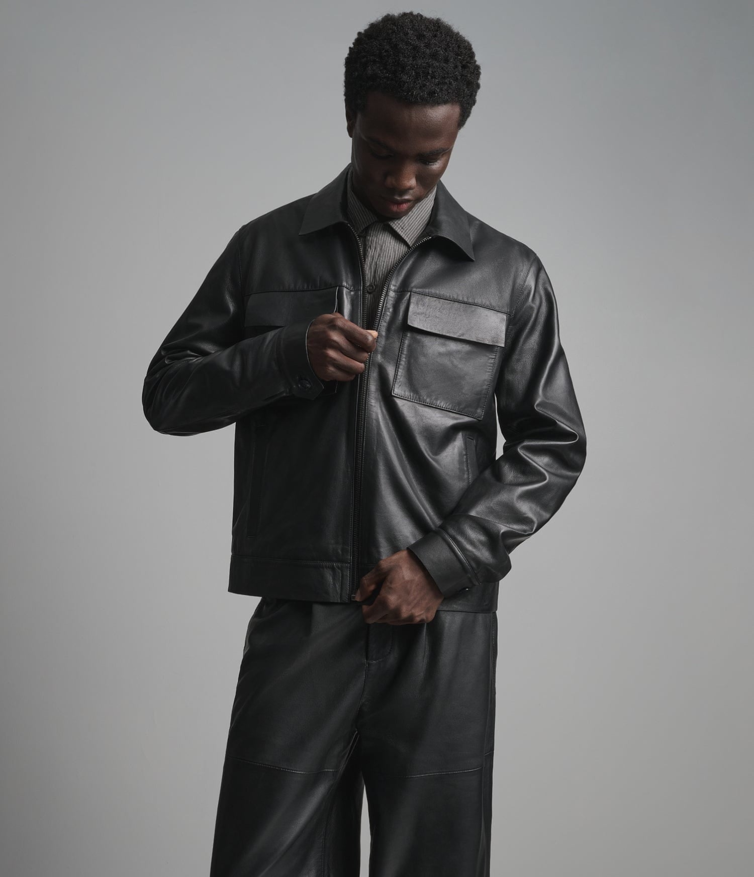 Men's Black Leather Trucker Jacket - Arcane Fox