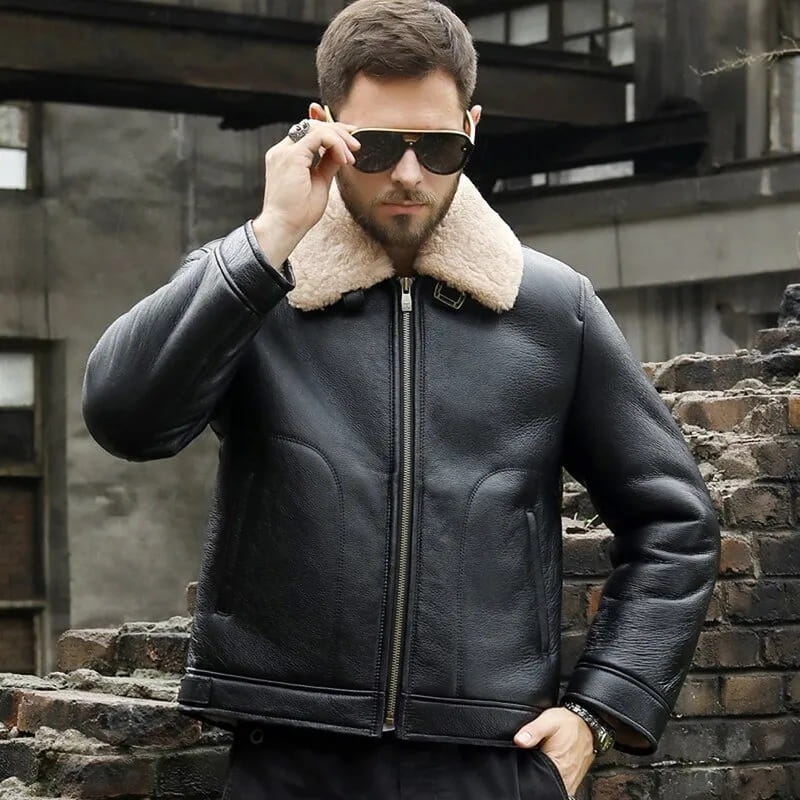 Men's Black Shearling Aviator Leather Jacket - Arcane Fox