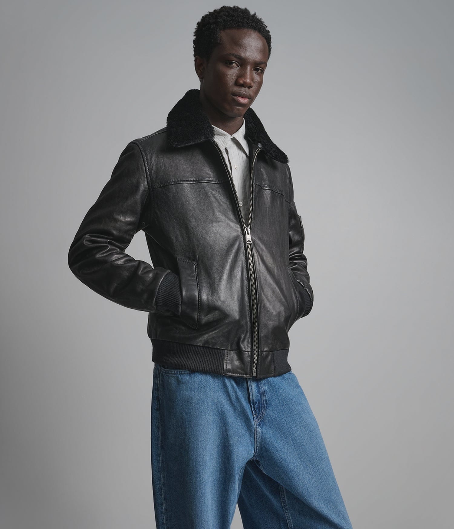 Men's Black Shearling Bomber Leather Jacket - Arcane Fox