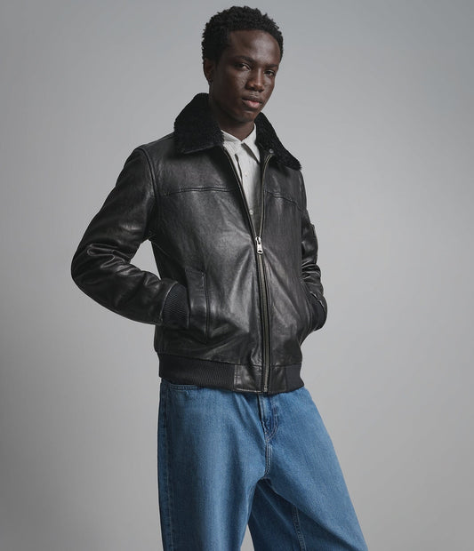 Men's Black Shearling Bomber Leather Jacket - Arcane Fox