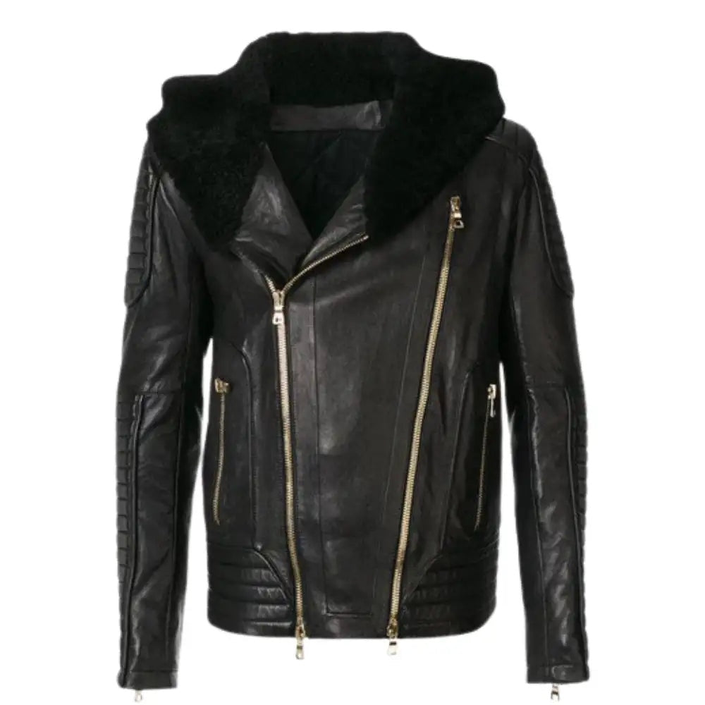 Men's Black Shearling Hooded Leather Jacket