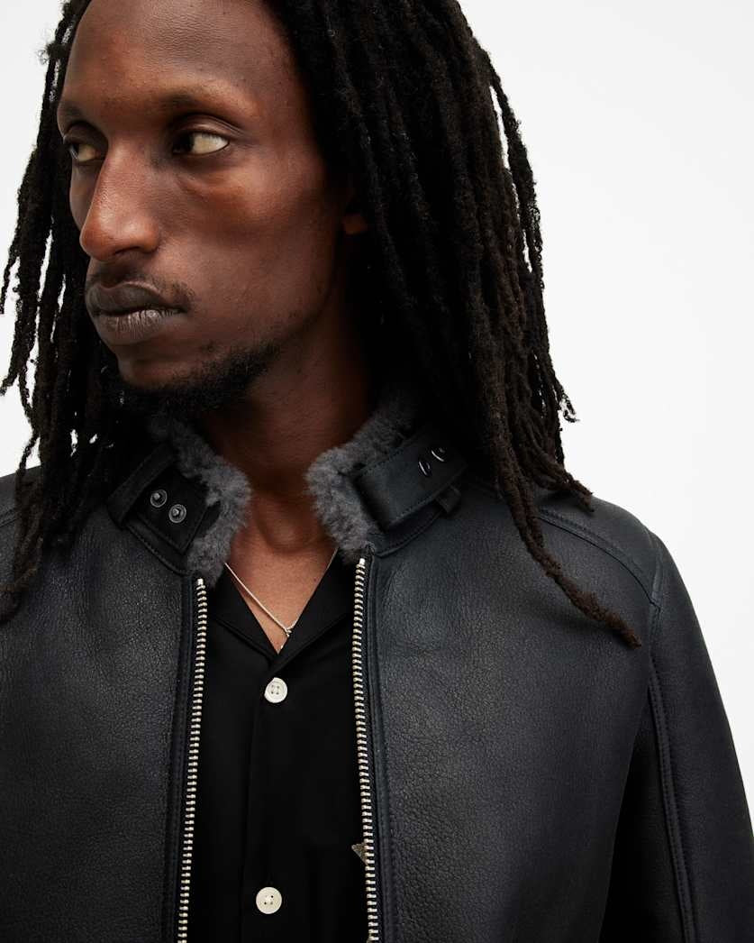 Men's Black Shearling Leather Jacket - Arcane Fox