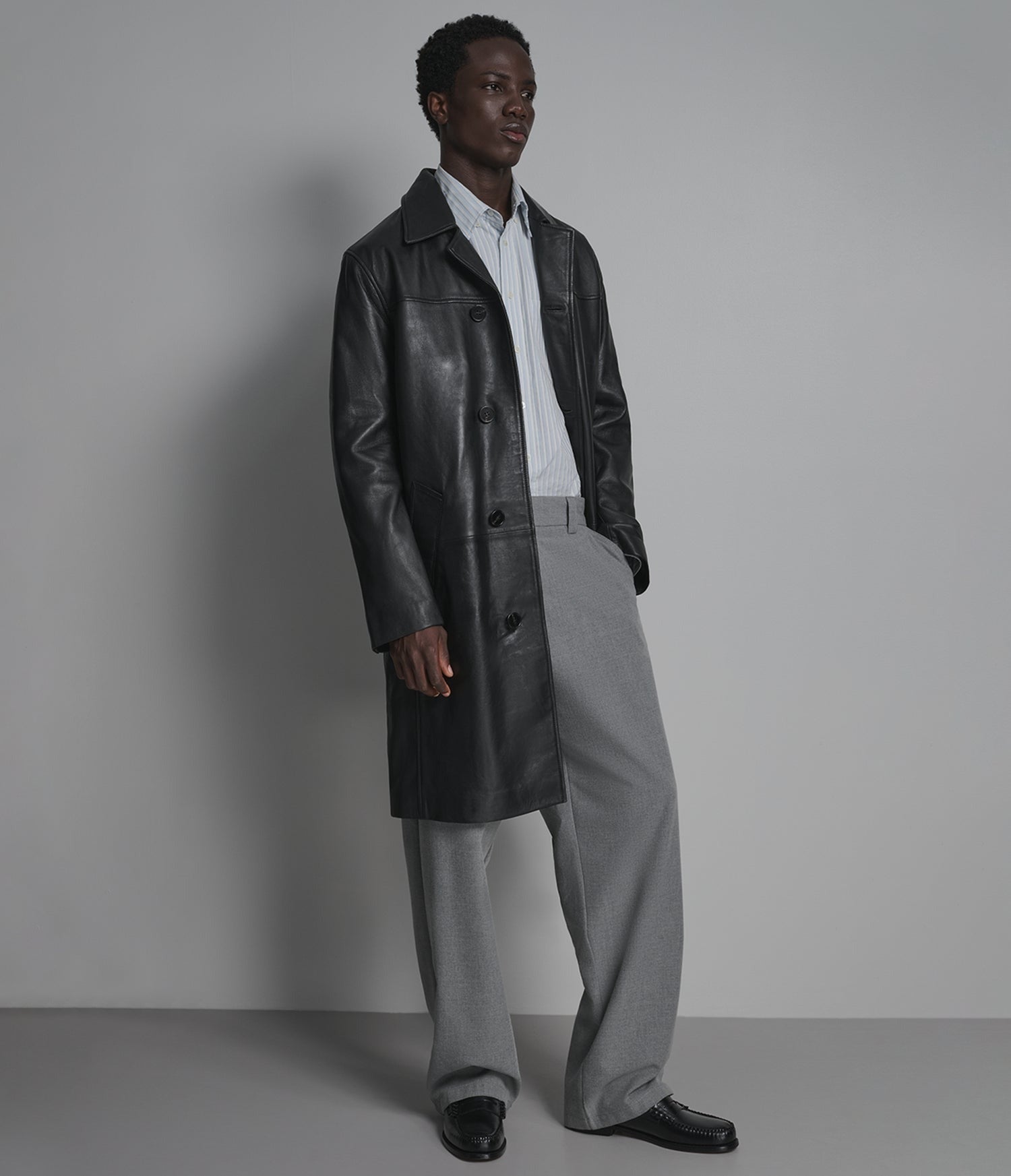 Men's Black Trench Leather Coat - Arcane Fox