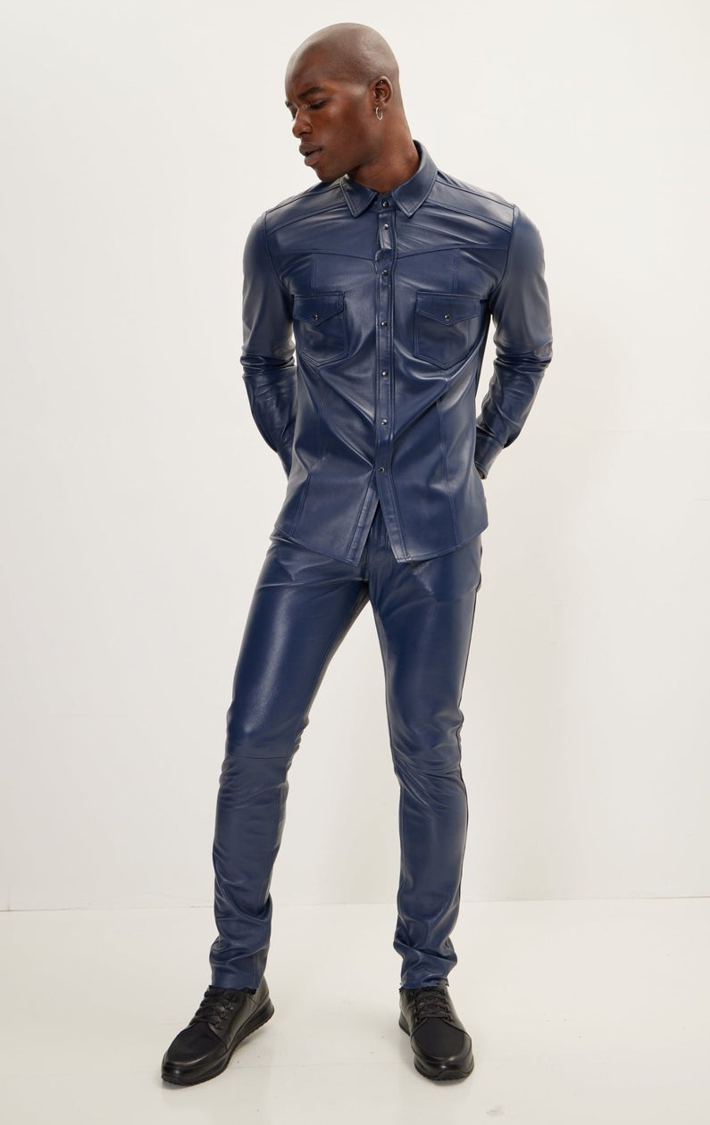 Men's Blue Biker Leather Pant