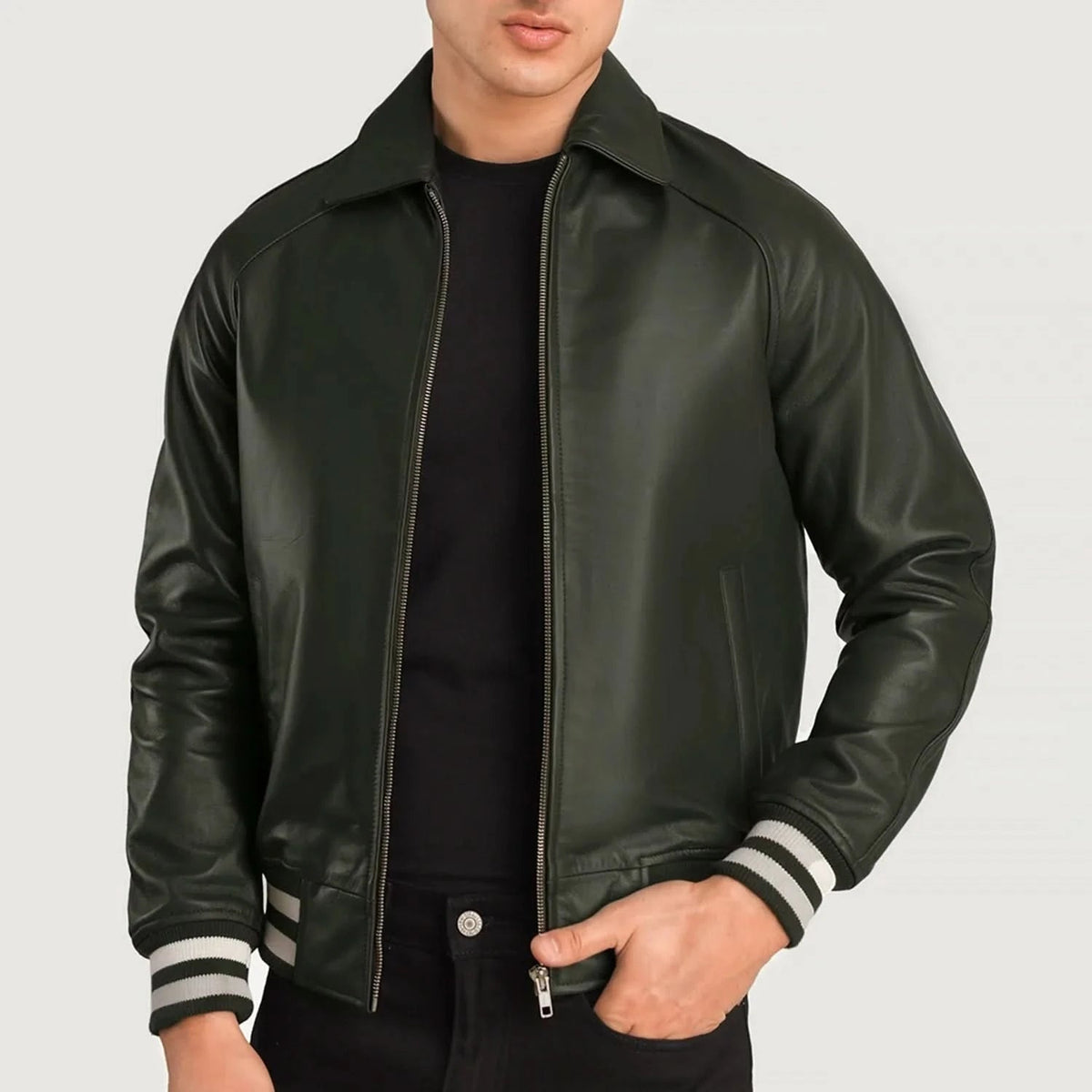 Men's Bomber Dark Green Leather Jacket