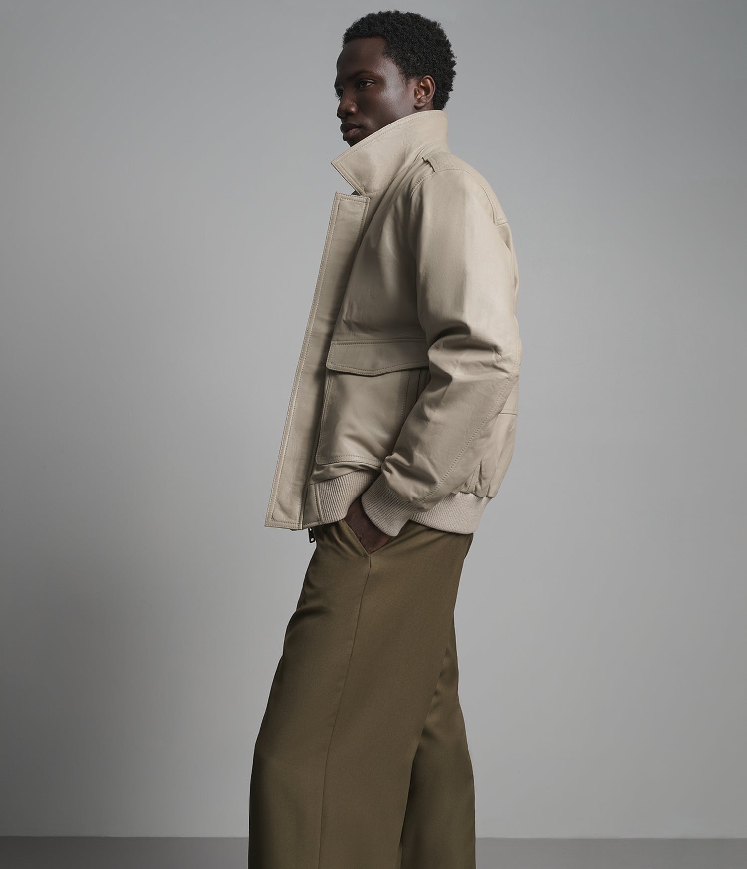 Men's Bomber Harrington Leather Jacket In Off White