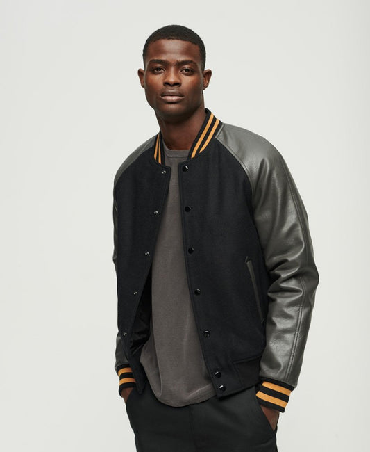 Men's Bomber Varsity Leather Jacket In Black