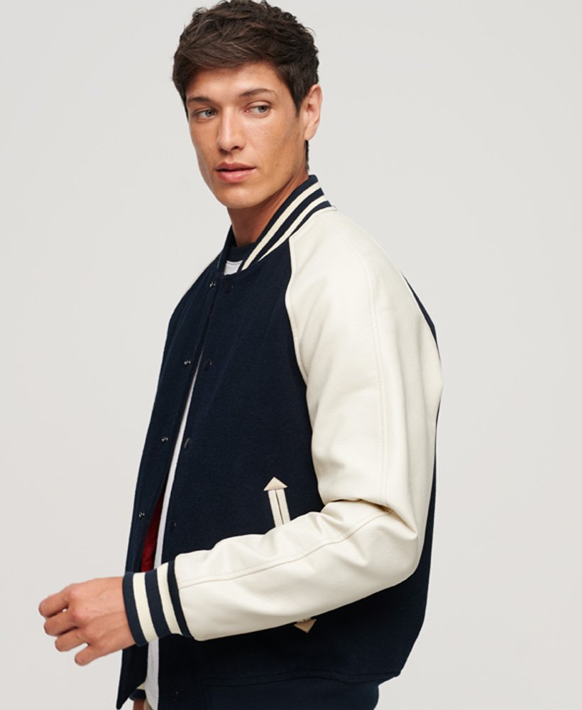 Men's Bomber Varsity Leather Jacket In Black & White Sleeves
