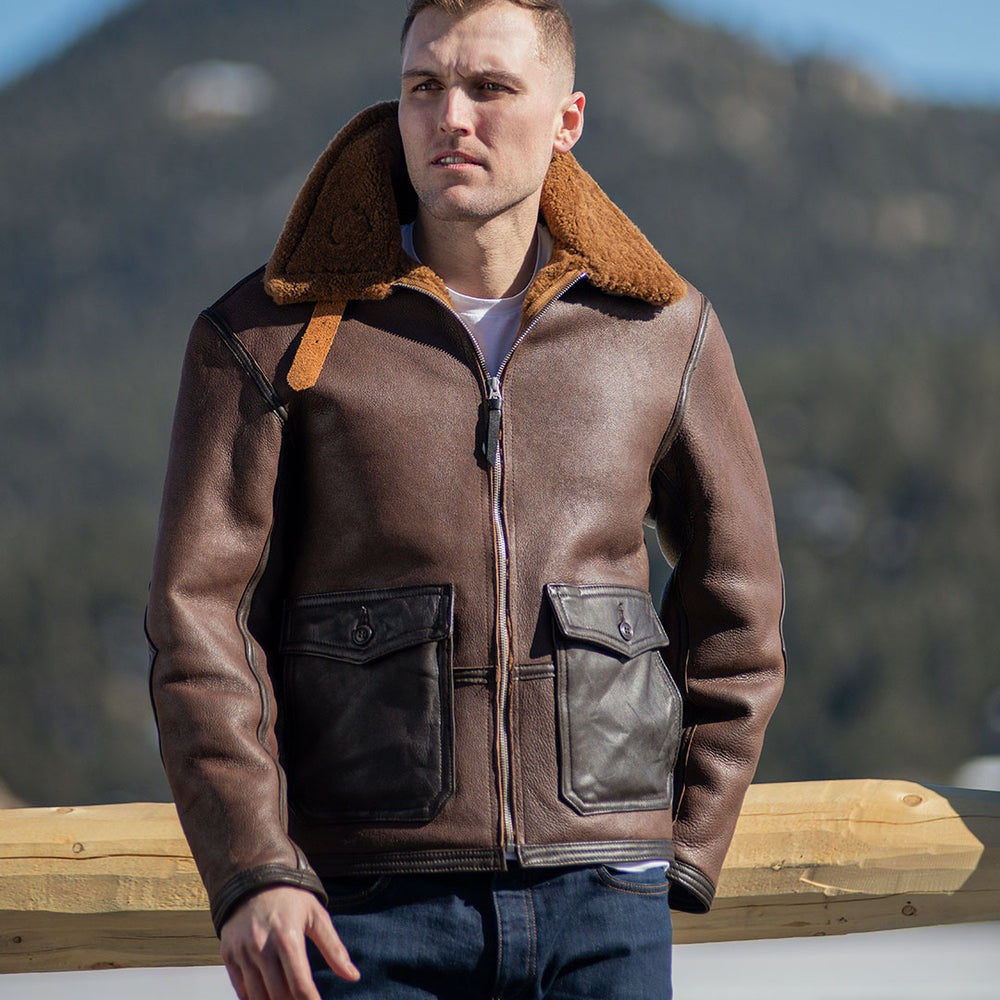 Men's Brown Fur Aviator Leather Jacket