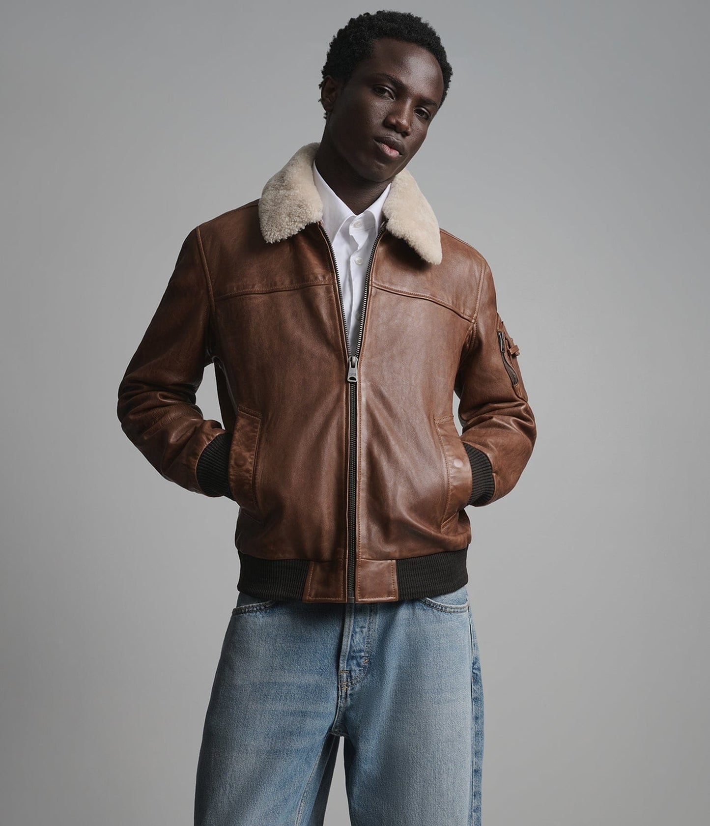 Men's Brown Bomber Shearling Leather Jacket - Arcane Fox