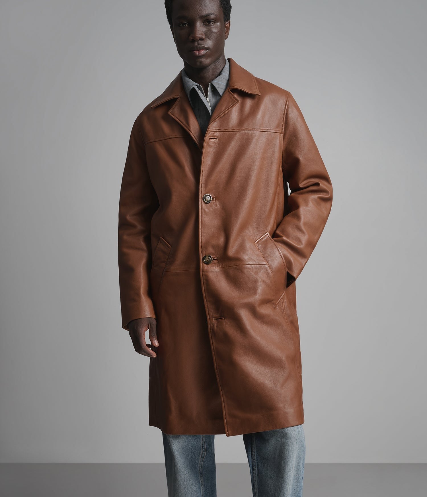 Men's Brown Trench Leather Coat - Arcane Fox