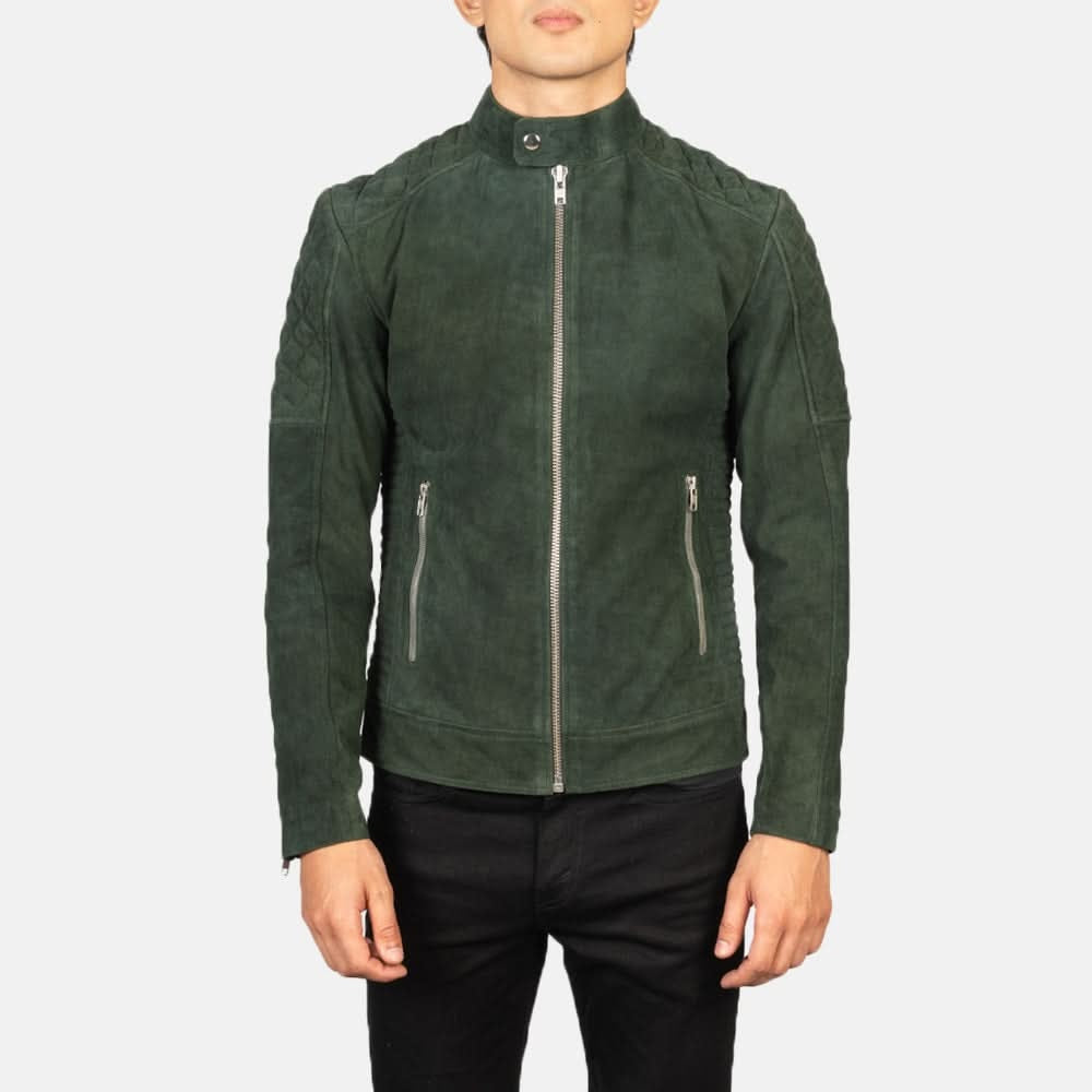 Men's Cafe Racer Suede Green Leather Jacket