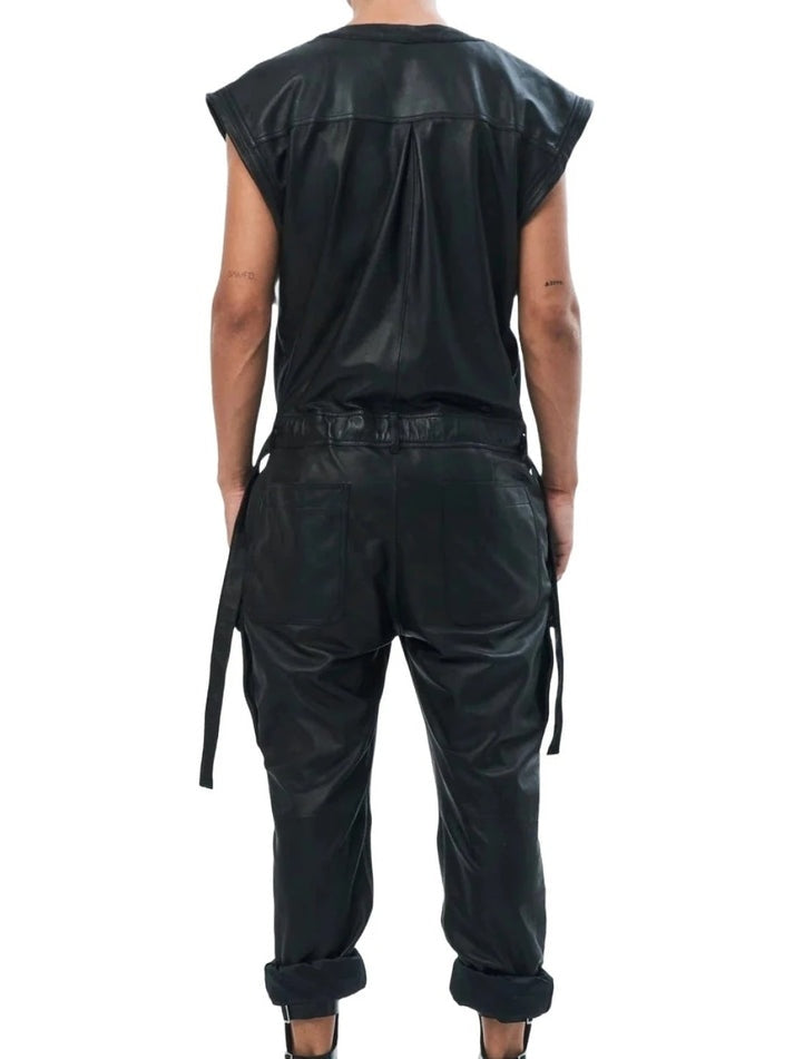 Men's Cargo Style Black Leather Jumpsuit